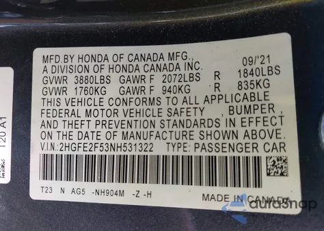 2022 Honda Civic Sport z USA, uszkodzony, nr VIN 2HGFE2F53NH531322